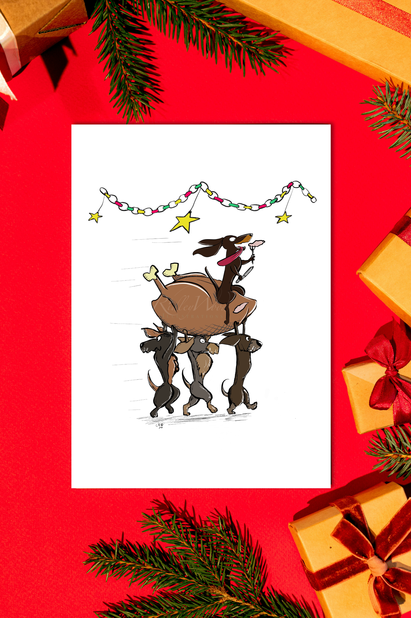 ‘The Turkey Trot’ A5 Dachshund Christmas Greeting Card